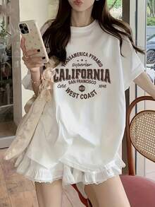 Camiseta de mujer de manga corta con estampado de letras, estilo casual, holgado y dulce. - Blanco - Ver 1