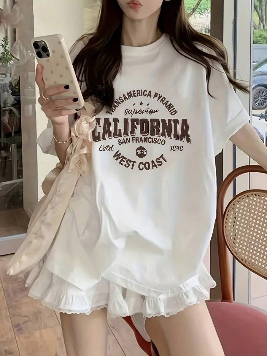 Camiseta de mujer de manga corta con estampado de letras, estilo casual, holgado y dulce. - Blanco - Ver 1