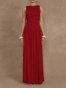 Vestido largo unicolor plisado primavera ajustado elegante estilo moda europea para mujer - Rojo - Ver 10