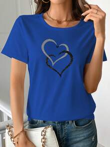 Heart-Print T-Shirt, Short Sleeves And Round Neck, Made Of Soft Fabric, Available In Various Colors, Women's Clothing. 5102 - 藍色 - 查看 1