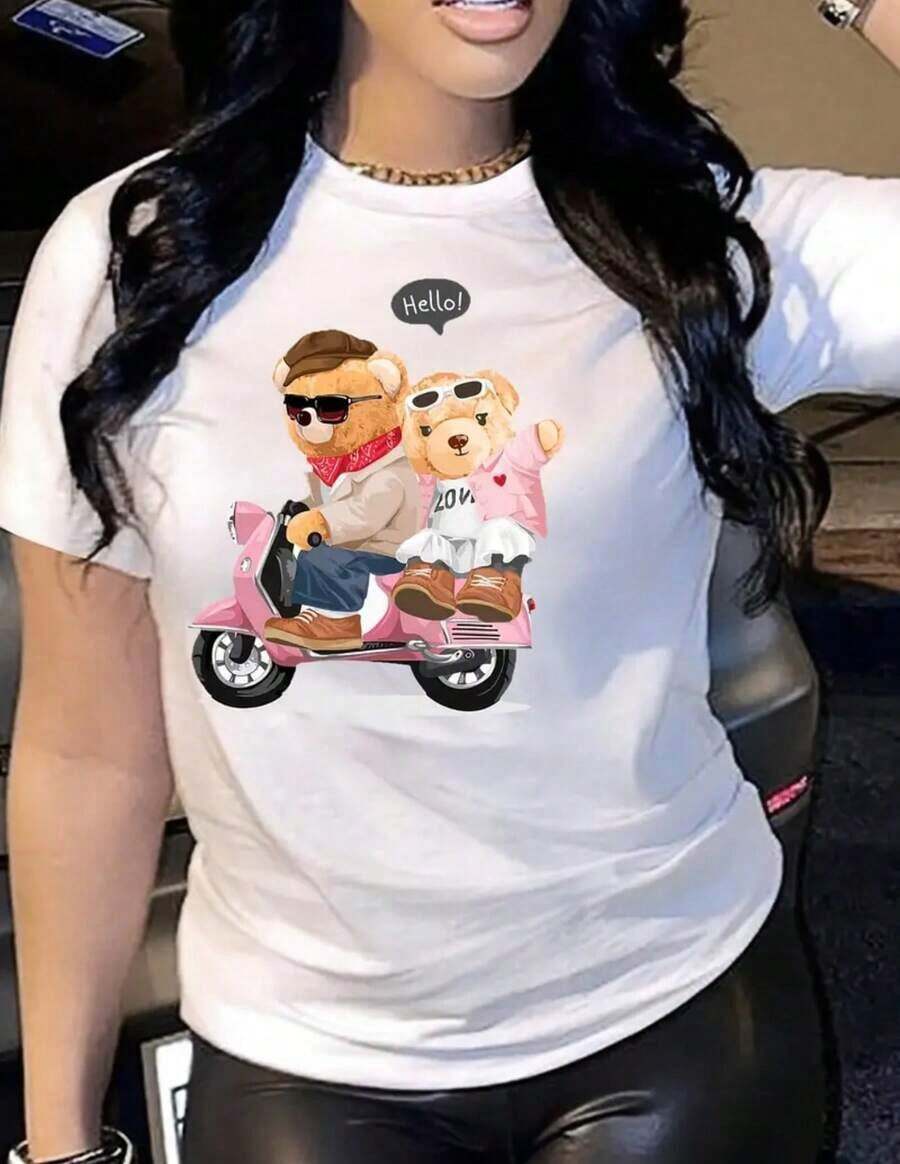 Camiseta de manga corta con cuello redondo y estampado de osos para parejas, top casual para verano y primavera, ropa de mujer. - Blanco - Ver 1