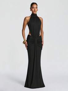 Vestido sirena largo unicolor primavera verano espalda descubierta ajustado para fiesta noche estilo europeo elegante moda nueva para mujer - Negro - Ver 2
