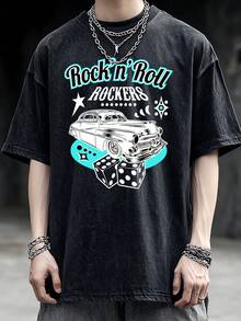 New 2026 Model, 100% Cotton, 230g, Washed T-Shirt For Men With Creative Rock And Roll Print, Elastic Cut, Urban Casual Clothing, Suitable For All Seasons, Unisex Style, Versatile And Slimming, Urban Style, Unique Design, Unisex. - 黑色 - 查看 12