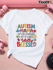 Camiseta deportiva de manga corta para mujer talla grande Completamente Mamá de Autismo - Figura predeterminada 2 - Ver 6