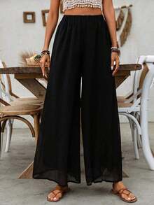 Pantalones informales de pierna ancha y larga de unicolor para mujer - Blanco - Ver 10