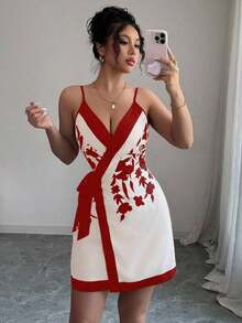Vestido mini sexy y elegante con cuello en V estilo envolvente y estampado para mujeres - Rojo - Ver 6