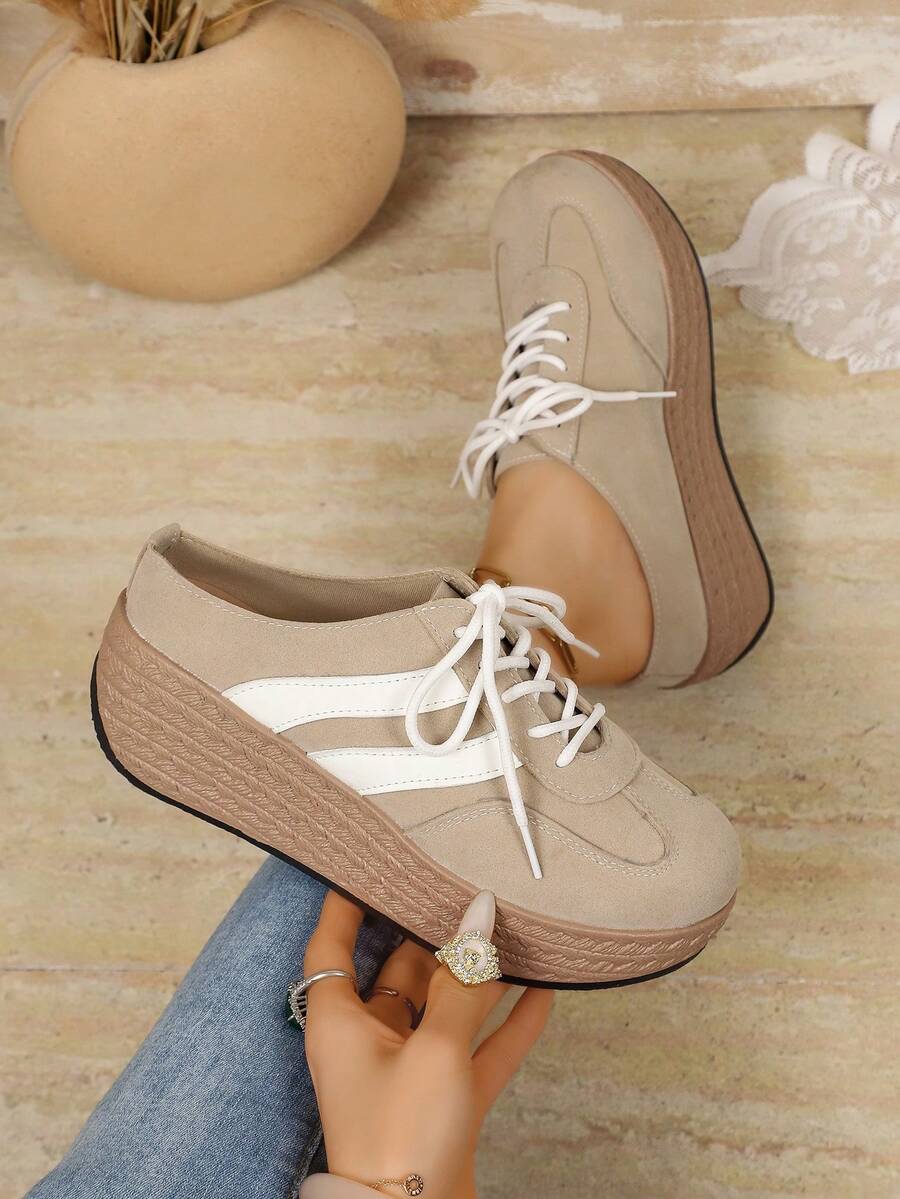 Women's Khaki & White Dual Stripe Wedge Thick Sole Sneakers, Woven Texture Sole Lace-Up Lightweight Casual Walking Training Shoes