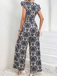 Conjunto de 2 piezas con parte superior con volantes y estampado de plantas en toda la superficie, y pantalones de pierna ancha - Multicolor - Ver 6
