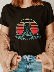 Camiseta manga corta cuello redondo 100% algodón, estampado trendy, tejido ligero y ventilado, estilo moda casual, apta para vida diaria, salidas informales y citas en primavera, verano y otoño - Negro - Ver 7
