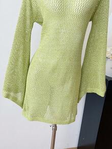 1pc Beach Vacation Knit Hollow See-Through Sexy Backless Tie Strap Long Sleeve Coverup Midi Dress - Green - View 6