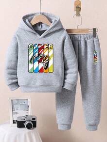 2pcs Youth Boy Letter Print Warm Hoodie And Sweatpants Set - Grey - View 2