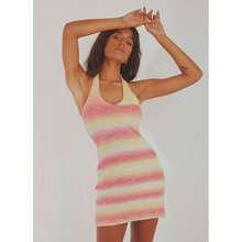 Womens Sexy Halter Knitted Skinny Dress Fashion Gradient Color Backless Short Dress - Rosa - Ver 7