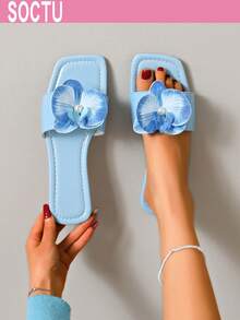 SOCTU Summer New Butterfly Flower Slide Sandals Women's Beach Slippers Versatile Square Toe Flat Sandals - Blue - View 5