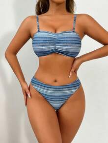4 piezas Conjunto de bikini con parte superior fruncida con estampado geométrico de moda y Bottom con estampado geométrico, cubrecostillas con flecos multicolor y shorts, conjunto de bikini de carnaval de verano, playa de verano - Gris - Ver 7