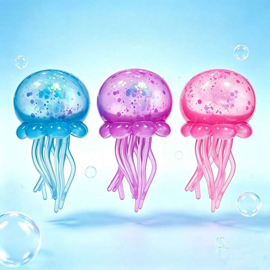 1 món đồ chơi mềm dẻo hình sứa trong suốt màu xanh lam, tím, hồng óng ánh với các đốm lấp lánh và xúc tu dài, nổi trên nền bong bóng màu xanh nhạt, ánh sáng dịu nhẹ, tông màu pastel. - Nhiều màu - Xem 1