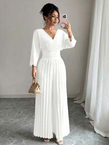Mono elegante de pierna ancha con escote cruzado en V, mangas tipo murciélago y pliegues, en color liso para mujer - Blanco - Ver 5