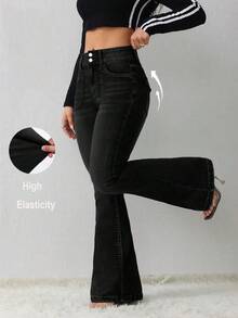 Tall Jeans casuales de mujer, jeans ajustados elásticos acampanados - Negro - Ver 1