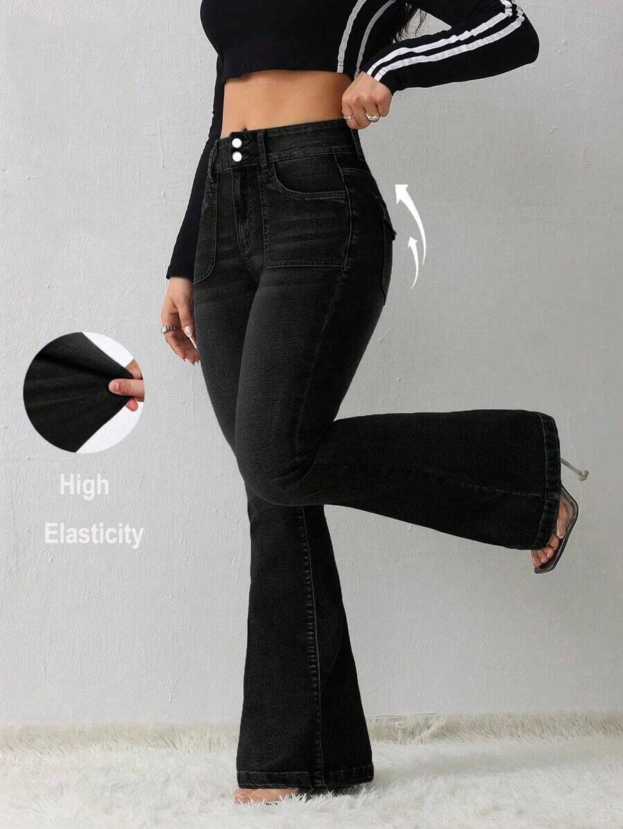 Tall Jeans casuales de mujer, jeans ajustados elásticos acampanados - Negro - Ver 1