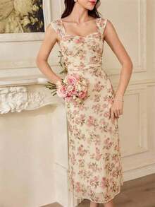 Vestido ajustado con estampado floral vintage, tirantes ajustables, cintura entallada, longitud hasta la rodilla, fondo color albaricoque con flores rosas - Rosa - Ver 6