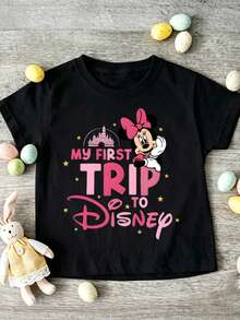 Disney Minnie Mouse Girls Graphic Tee, 2-14Y, "My First Trip To Disney" Printed Short Sleeve T-Shirt, Kids Casual Top For Travel, Theme Park, Daily Wear, Express Delivery - màu đen - Xem 2