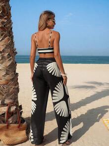 Conjunto de bikini de 3 piezas con tirantes finos, pantalones de pierna ancha y estampado de hojas abstractas de estilo bohemio para mujer, adecuado para vacaciones, playa y verano - Multicolor 2 - Ver 6