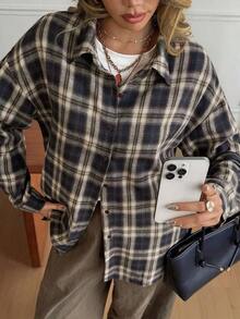 Camisa de mujer de manga larga con cuello vuelto, estampado de cuadros, color marrón café, para primavera/verano/otoño - Azul marino 2 - Ver 6