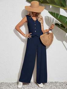 Set de 2 piezas de chaleco y pantalones de un solo abotonado de unicolor como conjunto de vacaciones para mujer - Azul marino - Ver 3