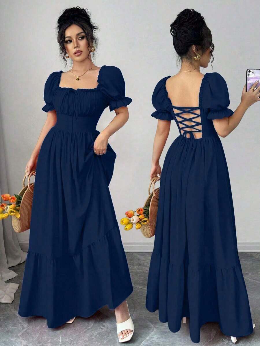 Vestido de mujer con cuello cuadrado, mangas abullonadas, nudo delantero, espalda descubierta y cintura ceñida - Azul marino - Ver 1