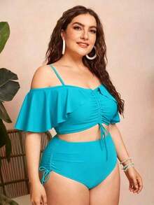 Swim Chiccia Conjunto de 2 piezas de bikini de talla grande para mujer de unicolor con tirantes de espagueti, hombros descubiertos, volantes y cordón - Elegante y estiloso para vacaciones informales - Celeste - Ver 3