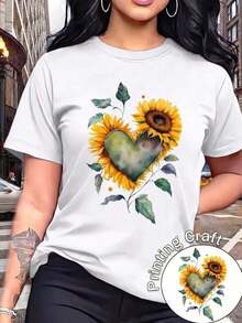 Casual White Round Neck Short Sleeve-shirt Women with Sunflower Heart Print Polyester Regular Fit Top blusas para mujer playeras de mujer blusas casuales para dama - Blanco - Ver 3
