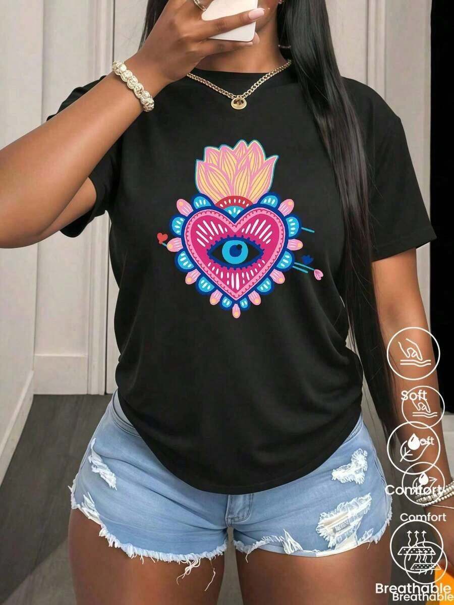 Camiseta de cuello redondo y mangas cortas de ropa fashion, fabricada en México, para la temporada primavera-verano 2025. Con estampado de dibujos animados, es un modelo de pareja, apta para usar tanto por dentro como por fuera, ideal para oficina y estilo casual, diseñada para hombres y mujeres, en unidad individual. - Negro - Ver 1
