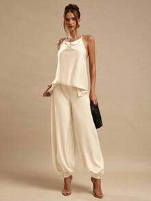Pantalones palazzo de satén para mujer, elegantes pantalones holgados de color amarillo jengibre, adecuados para salidas, brunch, verano, bodas, luna de miel, vacaciones en la playa - Albaricoque - Ver 2