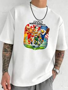 Men's T-Shirt Made Of 100% Pure Cotton, Featuring A Print Of The Three Mascots Of The 2026 USA-Canada-Mexico World Cup, With A Football Design, Officially Licensed, Soft And Comfortable, Short-Sleeved For Summer. - 白色 - 查看 1