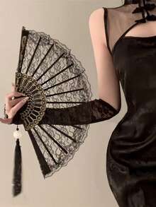1 Stück Vintage Palaststil Spitzen Orchidee Faltfächer, exquisiter Spitzen Retro Damen Fächer, leichter tragbarer Sommer Kühlfächer, Bühnenaufführung & Social Media Fotorequisite, klassischer dekorativer Fächer, geeignet für Mädchen, Frühlingsfest Serie - Spitzenfächer - Übersicht 7