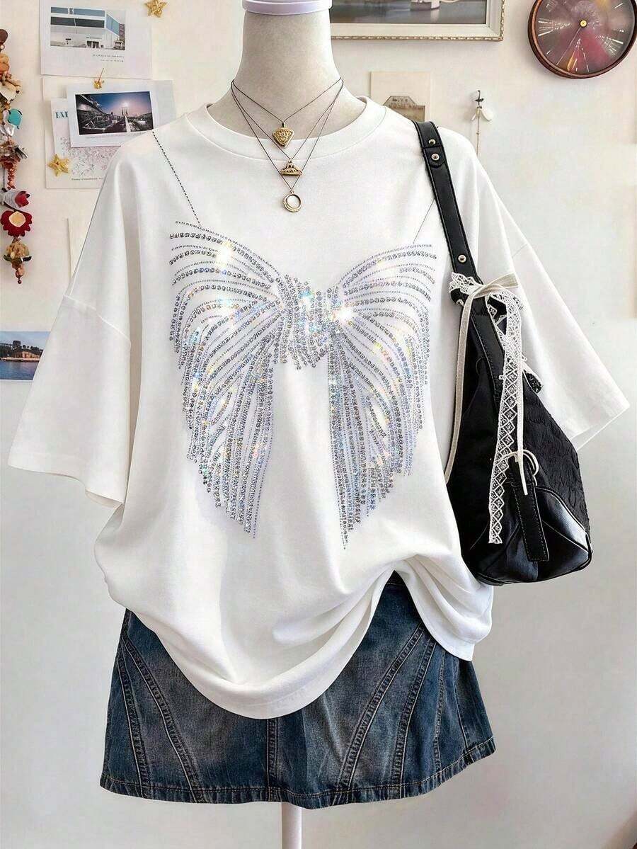 Women's Loose-Fitting, Round-Neck, Dropped-Shoulder, Mid-Length T-Shirt With Textured Digital Print Pattern, A Gift For Friends - White - View 1