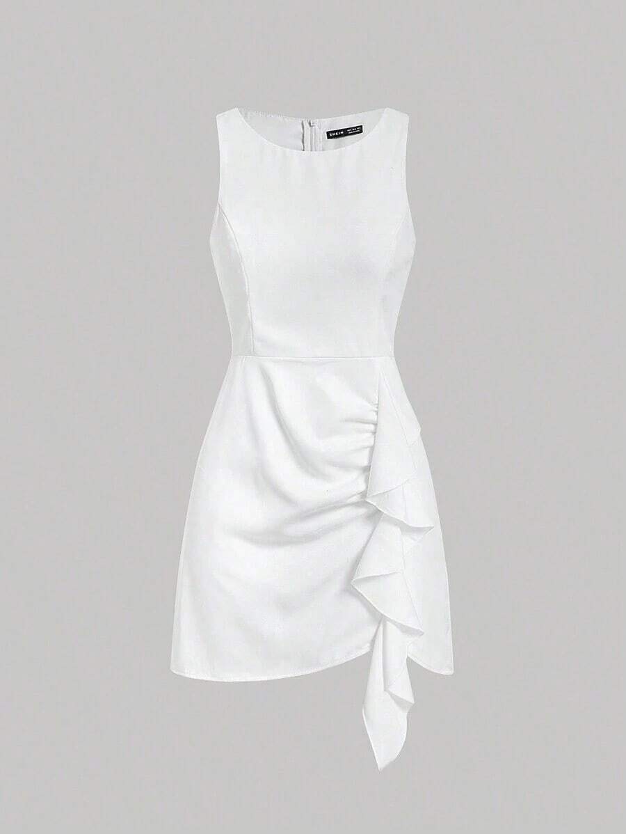 MOD Vestido plisado de color negro sólido para damas - Blanco - Ver 1