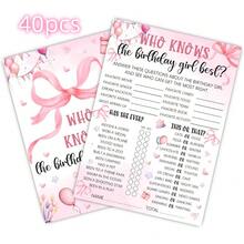 Bộ thẻ trò chơi "Ai là cô bé sinh nhật?" màu hồng, kích thước 4"x6", phụ kiện tiệc ngủ cho bé gái chủ đề nơ hồng, ý tưởng trò chơi đêm sinh nhật, 40 thẻ/bộ. - Nhiều màu - Xem 7