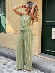 Frenchy Conjunto de 2 piezas de top sin mangas con botones a rayas y pantalones casuales para mujer - Verde - Ver 3