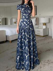 Spring 2026 Maxi Dress, Loose Fit With Floral Print, Elegant And Modern Style - Blue - View 3