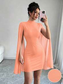 Vestido de capa ajustada con cuello mao de unicolor - Naranja - Ver 9