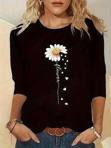 Playera de  con Estampado de Flor Margarita y Corazones Estilo Casual de Manga Corta Cuello Redondo Suave para Diario - Negro - Ver 6