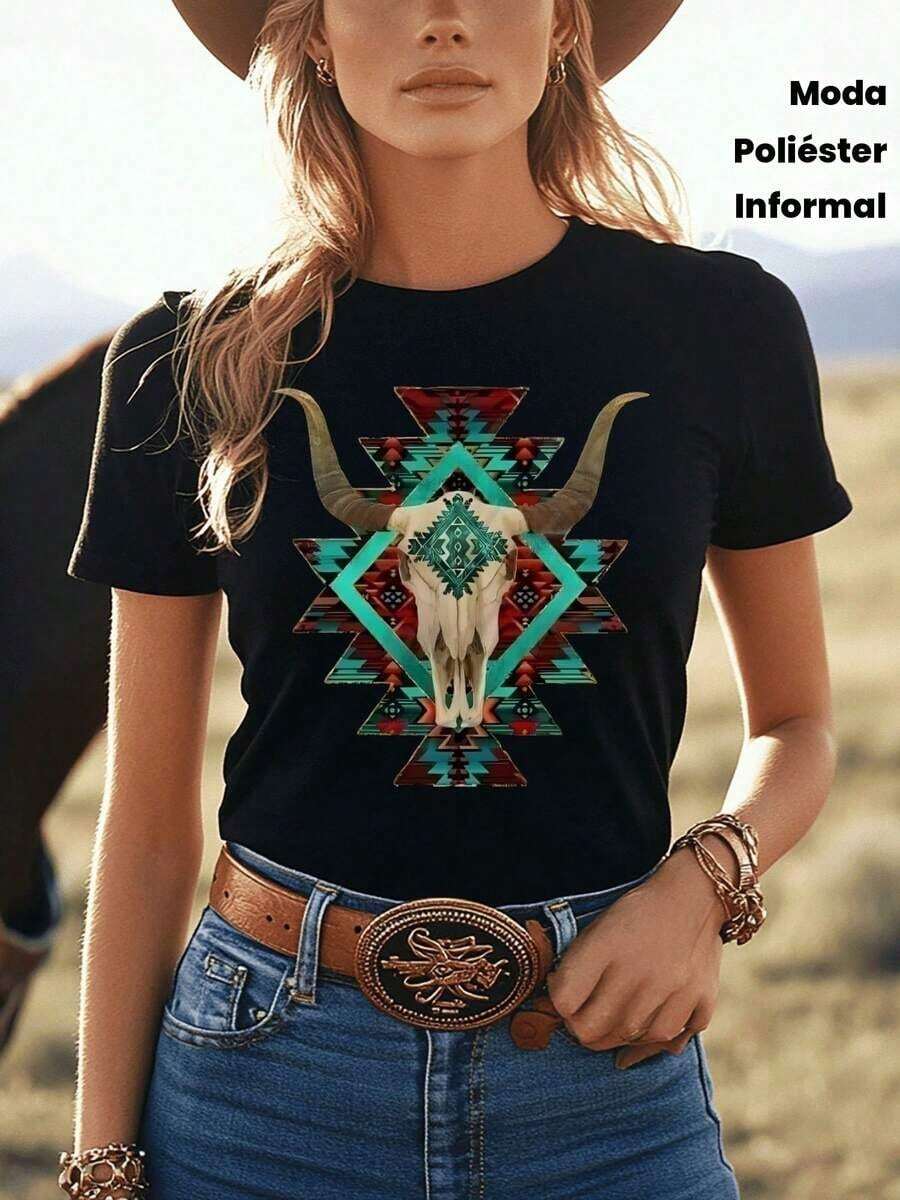 [1pc Women's Western Cowboy Skull Print T-Shirt] 1pc Women's Western Cowboy Geometric Skull Print T-Shirt - Casual Short Sleeve Crew Neck Top, Polyester Knit Fabric, Regular Length - Fashion For All Seasons - 黑色 - 查看 1