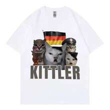 Camiseta de manga corta informal de moda de talla grande con estampado de gato de dibujos animados lindo de verano Kittler Cat para hombres y mujeres - Blanco - Ver 4