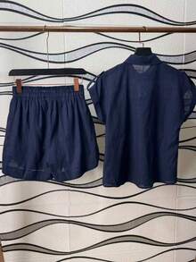 Women's Shirt And Shorts Set With Lining - Azul lavado oscuro - Ver 4