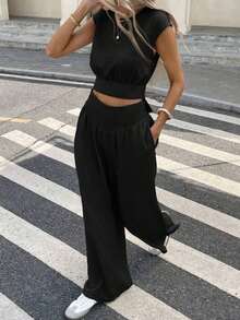 Conjunto de 2 piezas de blusa y pantalones con lazo en la espalda de unicolor para mujer, un conjunto de top holgado y pantalón de pierna ancha con lazos en la espalda, unicolor, elegante y casual, adecuado para el uso diario, primavera/verano - Negro - Ver 5