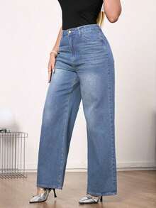 Jeans de pierna ancha de talle medio vintage para mujer - Uso casual elegante sin estiramiento - Lavado ligero - Ver 3