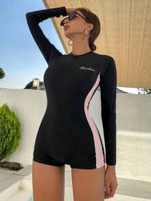 Mono deportivo de manga larga y pantalón corto con bloques de color para mujer, traje de baño casual para vacaciones - Negro 3 - Ver 5