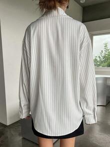 Camisa casual/escolar holgada a rayas para mujer, top de manga larga de estilo preppy para mujer, ropa de otoño - Blanco - Ver 4