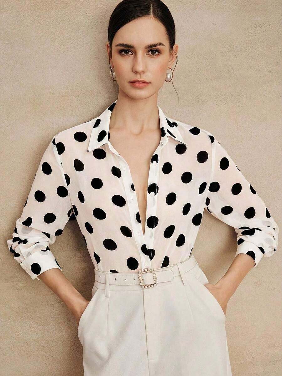 Blusa de manga larga de chifón con elegante estampado de lunares retro francés de alta calidad, camisa versátil con estampado de lunares para atuendos de oficina y vacaciones - Blanco - Ver 1