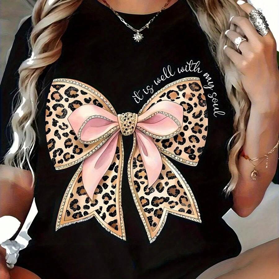 Talla Grande, Camiseta de Mujer Extra Large con Lazo y Estampado de Leopardo, Manga Corta, Cuello Redondo - Lazo Rosa y Estampado Animal Dorado, Tejido Elástico Medio Lavable a Máquina, Ropa Casual para Mujer para Todas las Estaciones - Negro - Ver 1